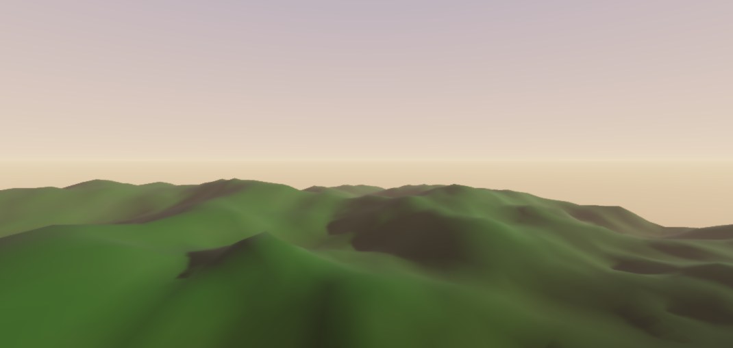 Sculpted terrain at sunset rendered by the Sektor engine